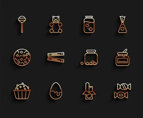 Set line Cupcake, Chocolate egg, Lollipop, bar, Candy, Sugar stick packets, Jar Stockillustratie