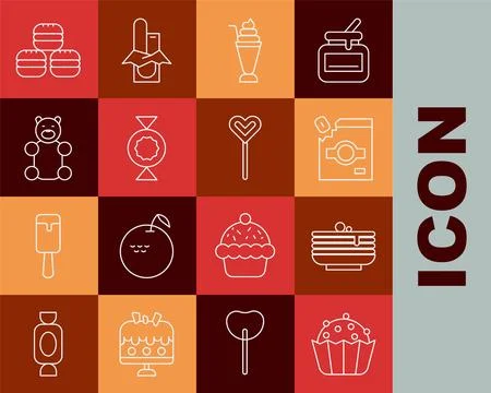 Set line Cupcake, Stack of pancakes, Candy packaging for sweets, Milkshake Illustrazione stock