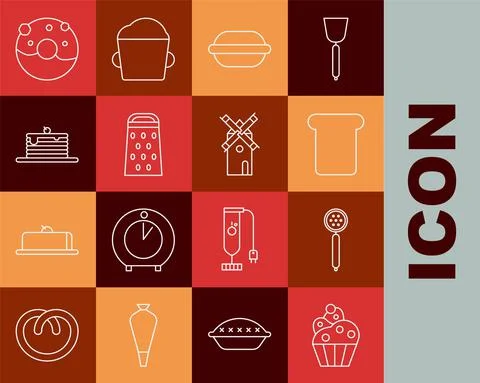 Set line Cupcake, Strainer spoon, Bread toast, Macaron cookie, Grater, Stack of Stock Illustration