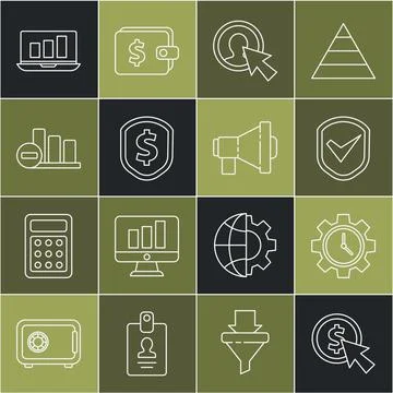Set line Cursor and coin, Time Management, Shield with check mark, User of man Illustrazione stock