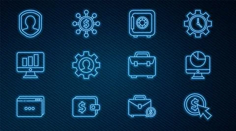 Set line Cursor and coin, Computer monitor with graph chart, Safe, Human gear Stock-Illustration