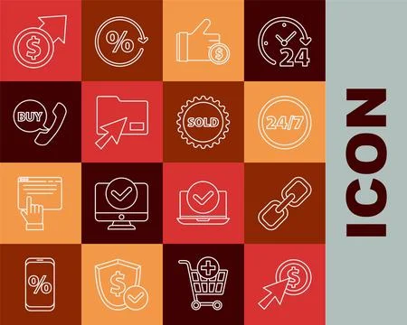 Set line Cursor and coin, Chain link, Clock 24 hours, Hand holding, click d.. Illustrazione stock