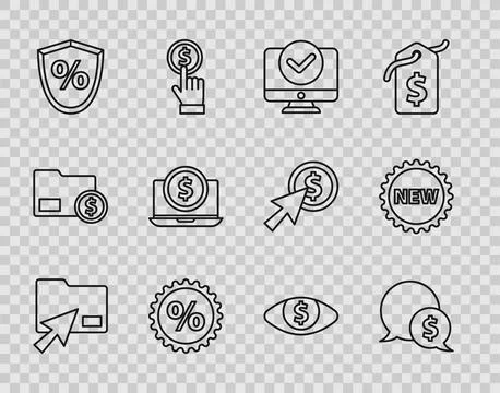 Set line Cursor click document folder, Speech bubble with dollar, Computer Stock Illustration