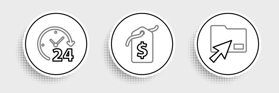 Set line Cursor click document folder, Clock 24 hours and Price tag with do.. Stock Illustration