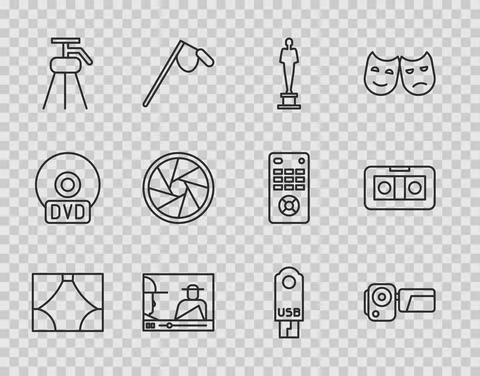 Set line Curtain, Cinema camera, Movie trophy, Online play video, Tripod, Camera Stock Illustration