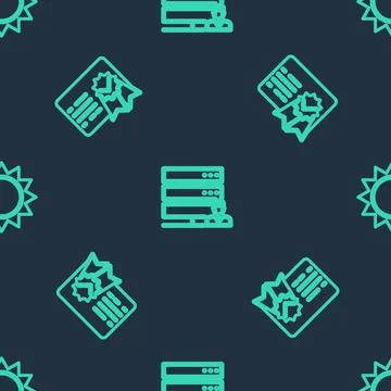 Set line Customer care server, Certificate template and Sun on seamless pattern Stock Illustration