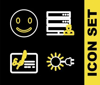 Set line Customer care server, Sun with electric plug, Signed document and Smile Stock Illustration