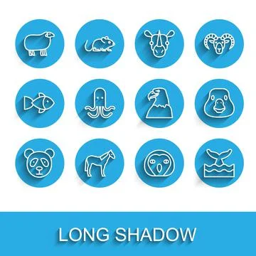 Set line Cute panda face, Horse, Sheep, Owl bird, Whale tail in ocean wave Illustration