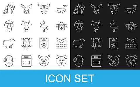 Set line Cute panda face, Whale tail in ocean wave, Sheep head, Rhinoceros, Cow Stock Illustration