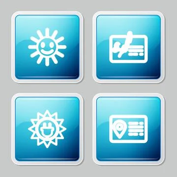 Set line Cute sun with smile, Signed document, Solar energy panel and Address Stock Illustration