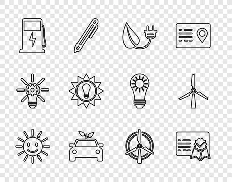 Set line Cute sun with smile, Certificate template, Electric saving plug in.. Stock Illustration