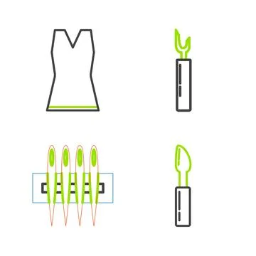 Set line Cutter tool, Needle for sewing,  and Woman dress icon. Vector Stock Illustration