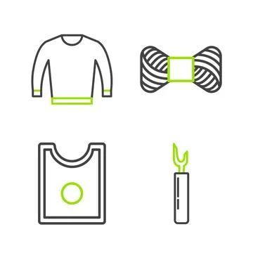 Set line Cutter tool, Sewing Pattern, thread on spool and Sweater icon. Vector Stock Illustration