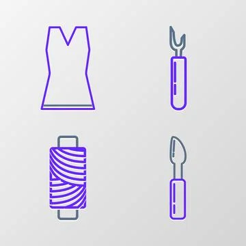 Set line Cutter tool, Sewing thread on spool, and Woman dress icon. Vector 스톡 일러스트