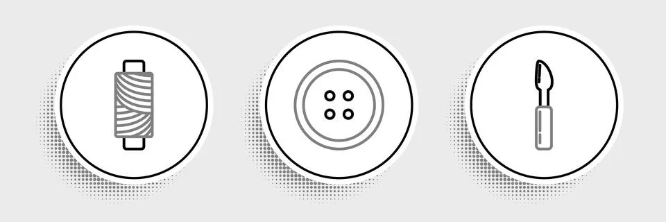 Set line Cutter tool, Sewing thread on spool and button for clothes icon. V.. Stock Illustration