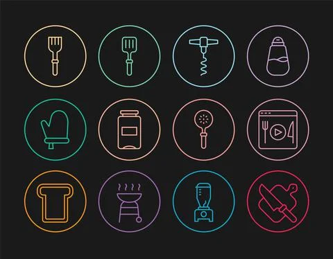 Set line Cutting board and knife, Cooking live streaming, Wine corkscrew, Jam Stock Illustration