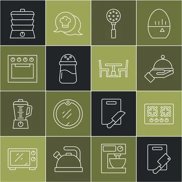 Set line Cutting board and meat chopper, Gas stove, Covered with tray, Spat.. Stock Illustration