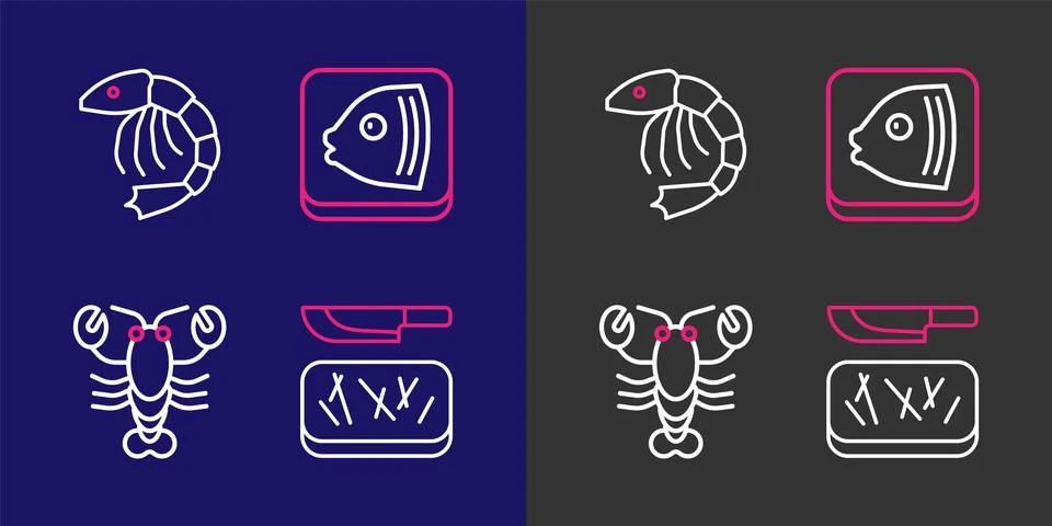 Set line Cutting board and knife, Lobster, Fish head and Shrimp icon. Vector Stock Illustration