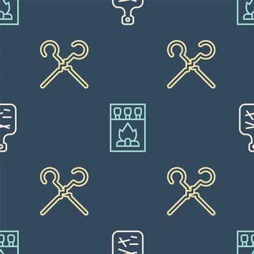 Set line Cutting board, BBQ skewers and Matchbox and matches on seamless pattern Stock Illustration