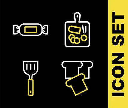 Set line Cutting board, Bread toast, Spatula and Candy icon. Vector 스톡 일러스트