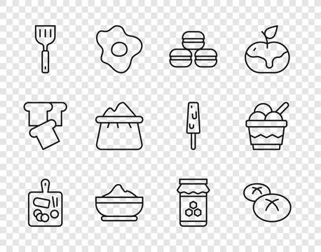 Set line Cutting board, Bread loaf, Macaron cookie, Flour bowl, Spatula, Ba.. Stock Illustration