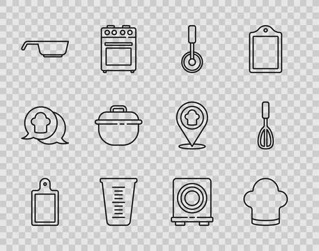 Set line Cutting board, Chef hat, Pizza knife, Measuring cup, Frying pan, C.. Stockillustratie