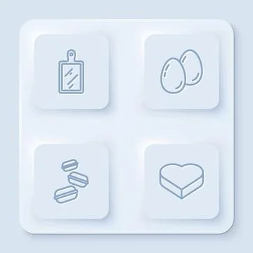 Set line Cutting board, Easter eggs, Macaron cookie and Candy heart shaped box Illustrazione stock