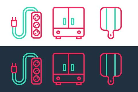Set line Cutting board, Electric extension and Wardrobe icon. Vector 库存插图