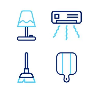 Set line Cutting board, Handle broom, Air conditioner and Table lamp icon. .. Illustration