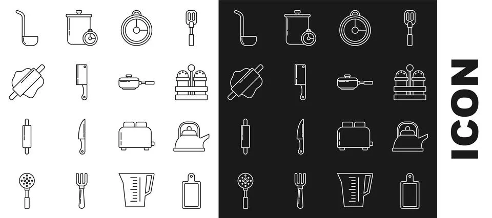 Set line Cutting board, Kettle with handle, Salt pepper, Kitchen timer, Mea.. Stock Illustration