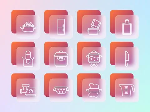 Set line Cutting board, Kitchen colander, Cooking pot on fire, Rolling pin .. Stock Illustration