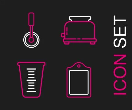 Set line Cutting board, Measuring cup, Toaster and Pizza knife icon. Vector Stock Illustration