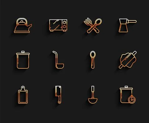 Set line Cutting board, Meat chopper, Kettle with handle, Kitchen ladle, Cooking Illustration