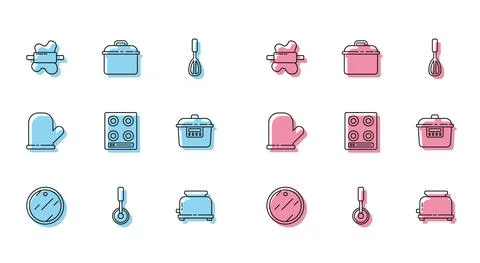 Set line Cutting board, Pizza knife, Rolling pin on dough, Toaster, Gas stove Stock Illustration