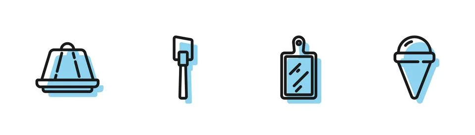 Set line Cutting board, Pudding custard, Spatula and Ice cream waffle cone icon Illustration