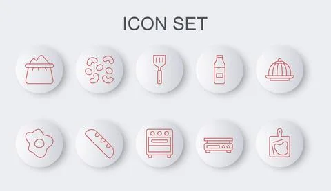 Set line Cutting board, Scrambled eggs, Spatula, Electronic scales, Bag of .. Stock Illustration