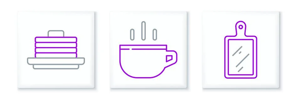 Set line Cutting board, Stack of pancakes and Coffee cup icon. Vector Stockillustratie