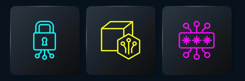Set line Cyber security, and NFT Digital crypto art. Black square button. Vector 스톡 일러스트