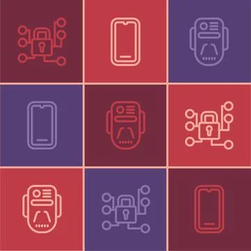 Set line Cyber security, Artificial intelligence robot and Mobile phone icon Stock Illustration
