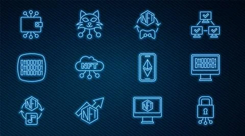 Set line Cyber security, Binary code, NFT Digital crypto art, cloud Stock Illustration