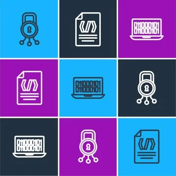 Set line Cyber security, Binary code and icon. Vector Stock Illustration