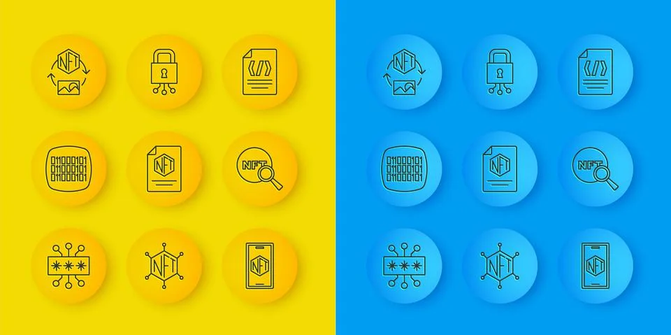 Set line Cyber security, Binary code, NFT contract, Mobile with art store app Stock Illustration