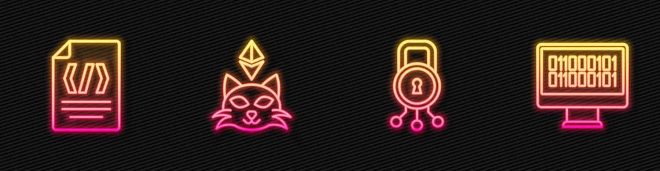 Set line Cyber security, Binary code, NFT Digital crypto art and . Glowing ne Stock Illustration