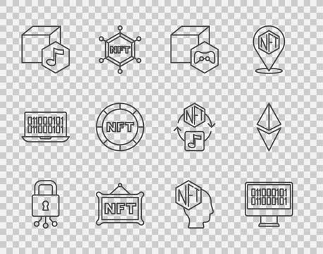 Set line Cyber security, Binary code, NFT Digital crypto art,  and Ethereum.. Stock Illustration