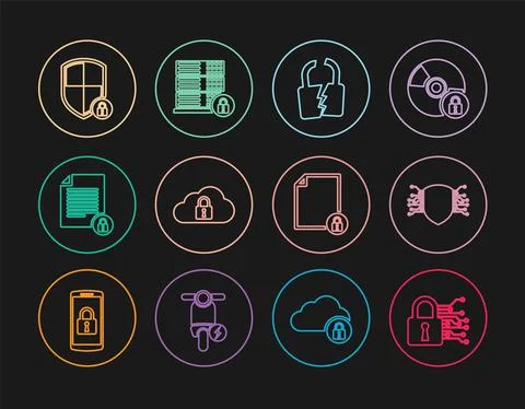 Set line Cyber security, Broken or cracked lock, Cloud computing, Document and 스톡 일러스트