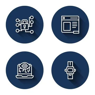 Set line Cyber security, Browser window, Computer vision and Wrist watch with Illustrazione stock
