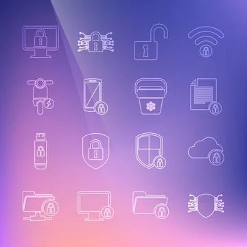 Set line Cyber security, Cloud computing lock, Document and, Open padlock イラスト素材