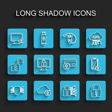 Set line Cyber security, Cloud computing lock, Lock on monitor, Broken cracked Stock Illustration