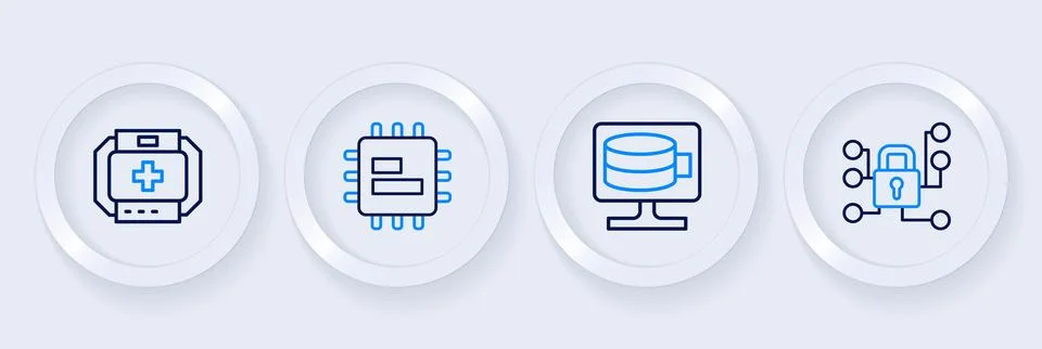 Set line Cyber security, Cloud database, Processor CPU and First aid kit ic.. 스톡 일러스트