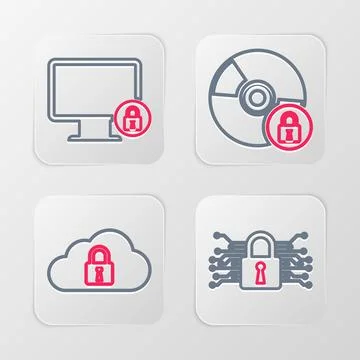 Set line Cyber security, Cloud computing lock, CD or DVD disk with and Lock.. Stock Illustration